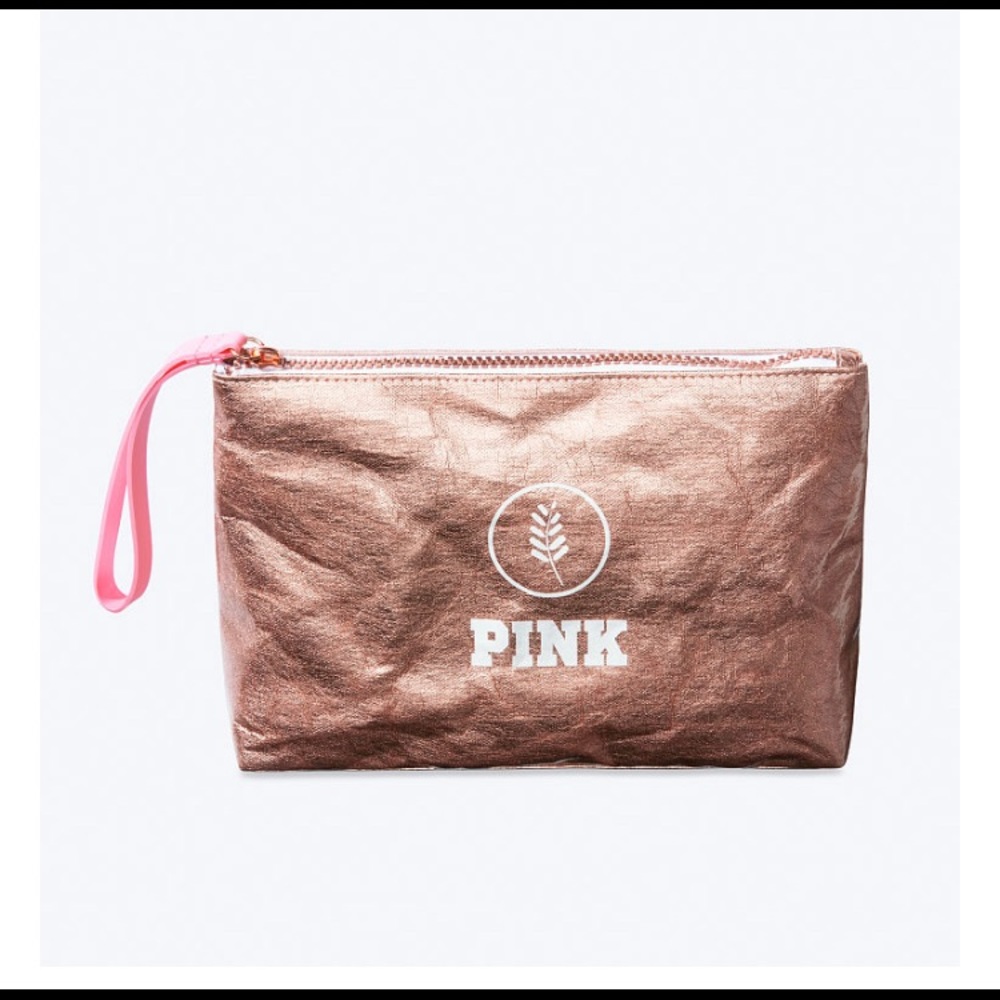 Victoria’s Secret PINK Rose Gold Zipper Makeup Beauty Bag Clutch Wristlet